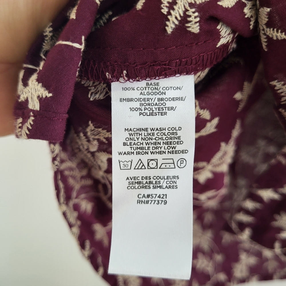 Ann Taylor Sz Medium Burgundy Embroidered Floral Ruffle Button Shirt 100% Cotton - Picture 7 of 9